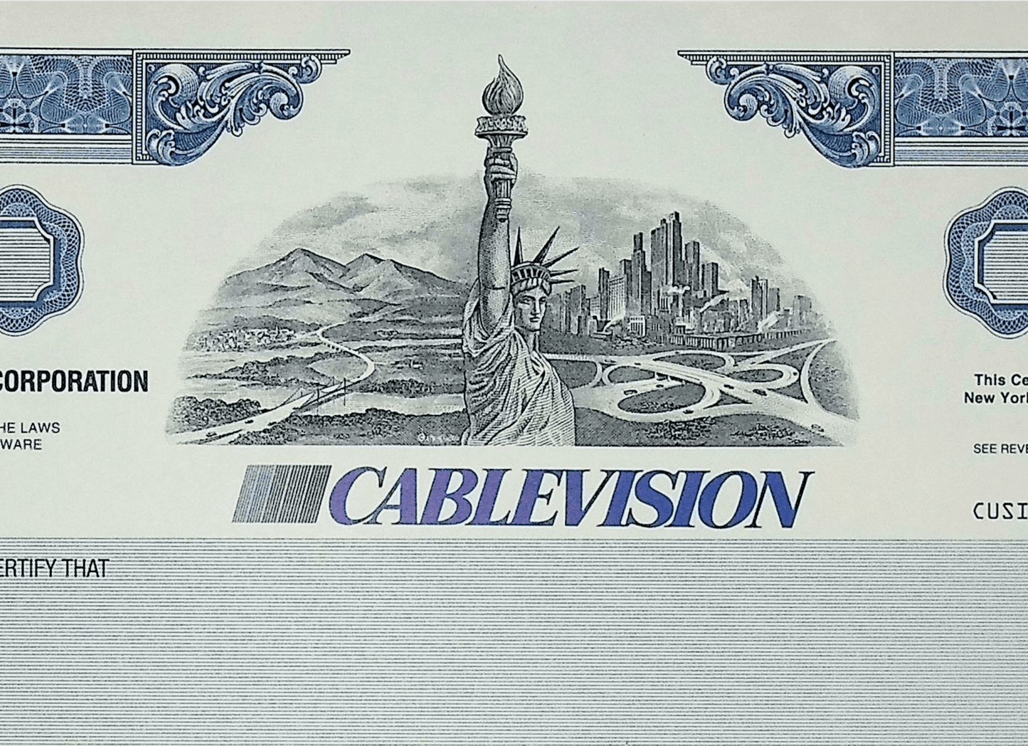 Cablevision(纽约地区)样本股票证书