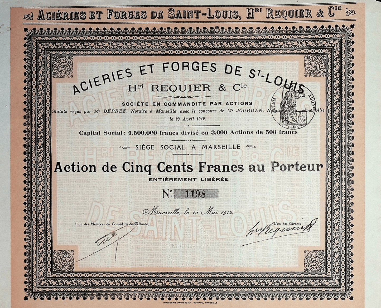Aciéries et Forges de Saint-Louis 债券证书(法国马赛)1912 年