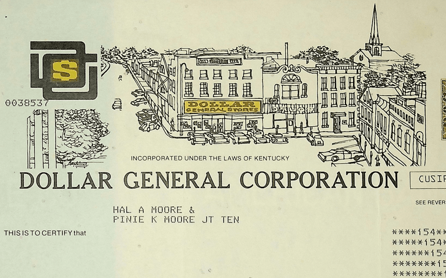 Dollar General(附有商店图纸)股票证书