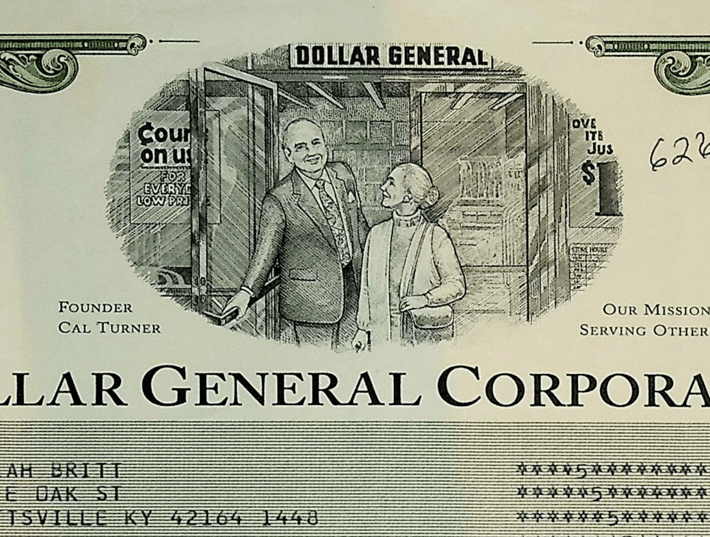 Dollar General 绿色股票证书(附创始人)股票证书