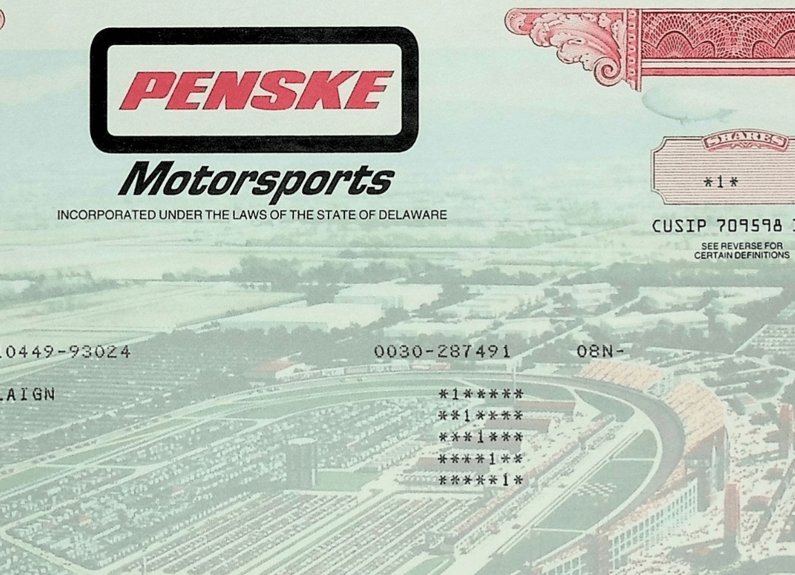 Penske Motorsports 股票证书 - 以赛道为特色