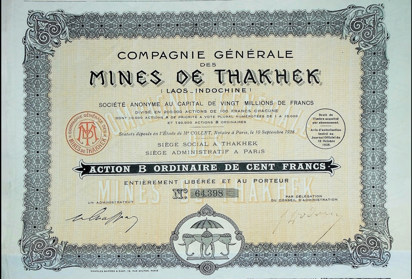 Mines de Thakhek(法国采矿老挝/印度支那)1928 年股票证书