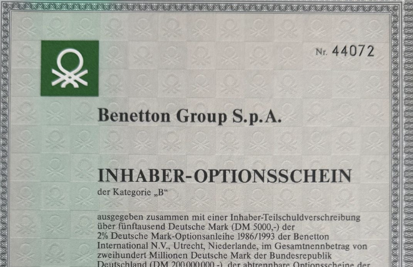 Benetton Group (Fashion co) SpA 自 1986 年起获得德国证书