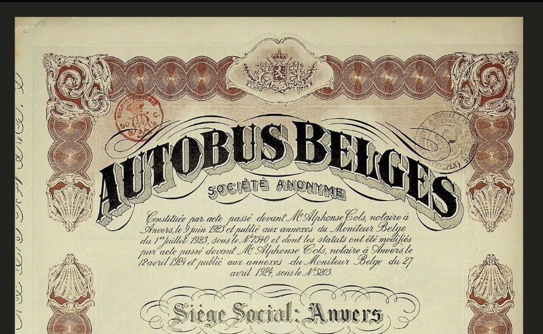 Autobus Belges (Societe Anonyme) 1924 年股票证书