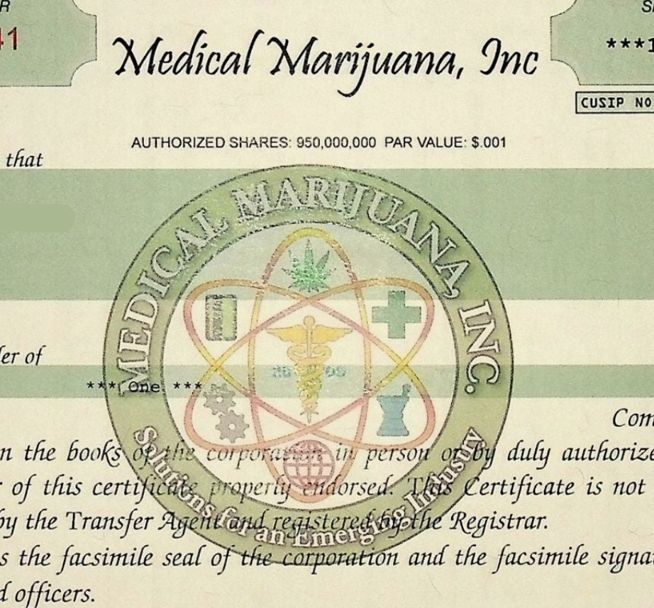 2013 年医用大麻公司股票证书