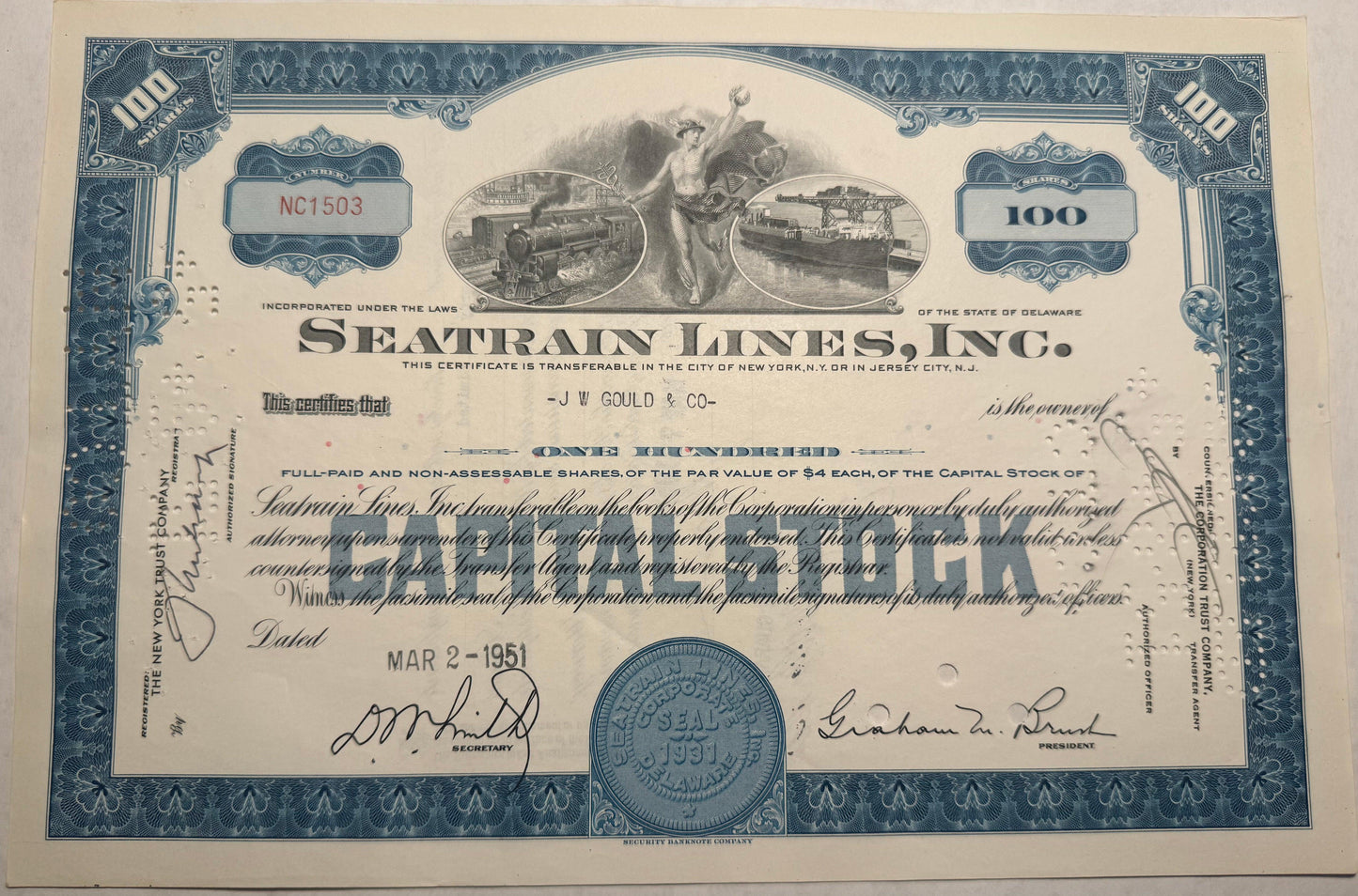 1951 年 Seatrain Lines Inc 股票证书(含火车和轮船)