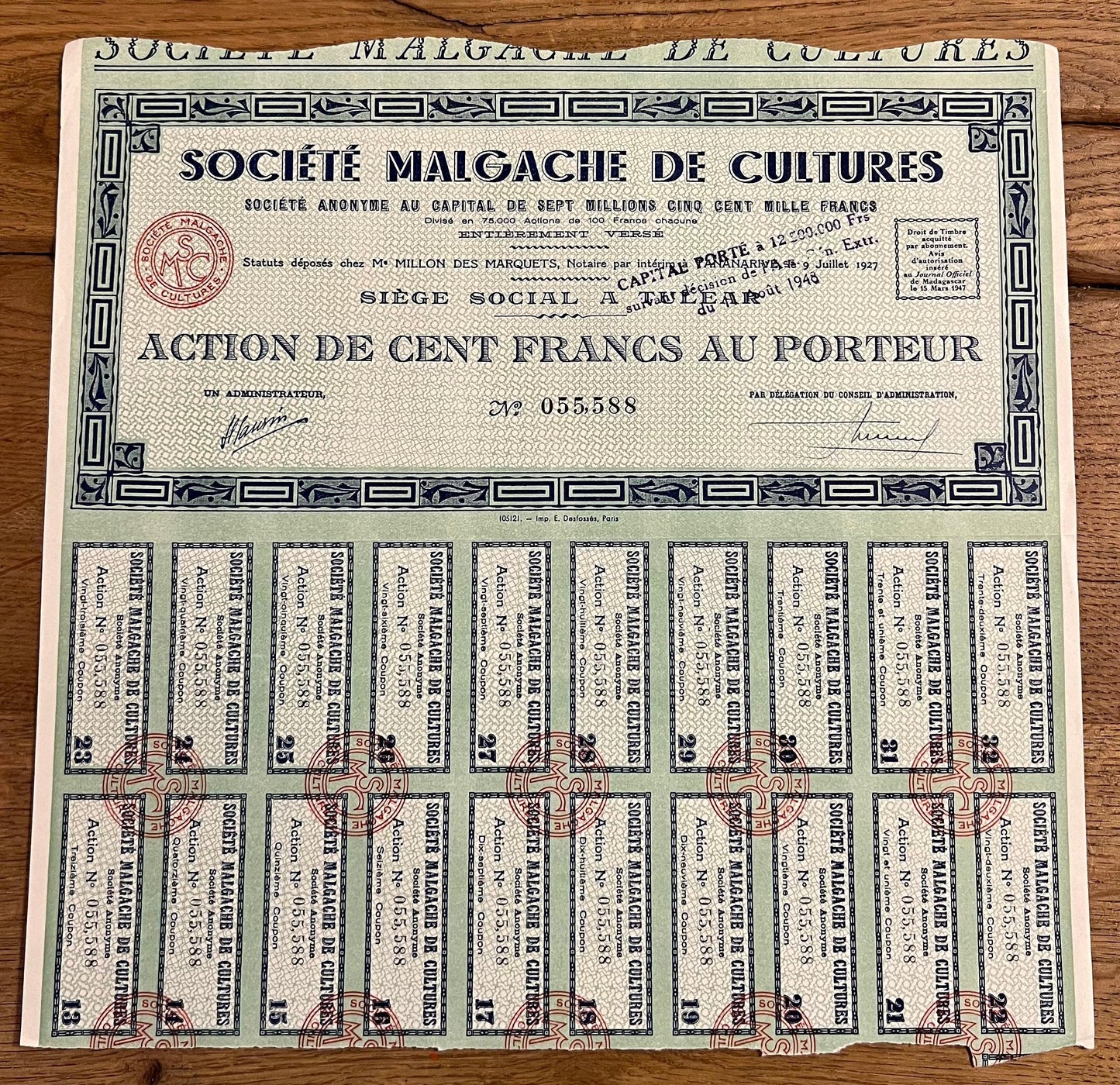Société Malgache de Cultures - 法属马达加斯加股票证书