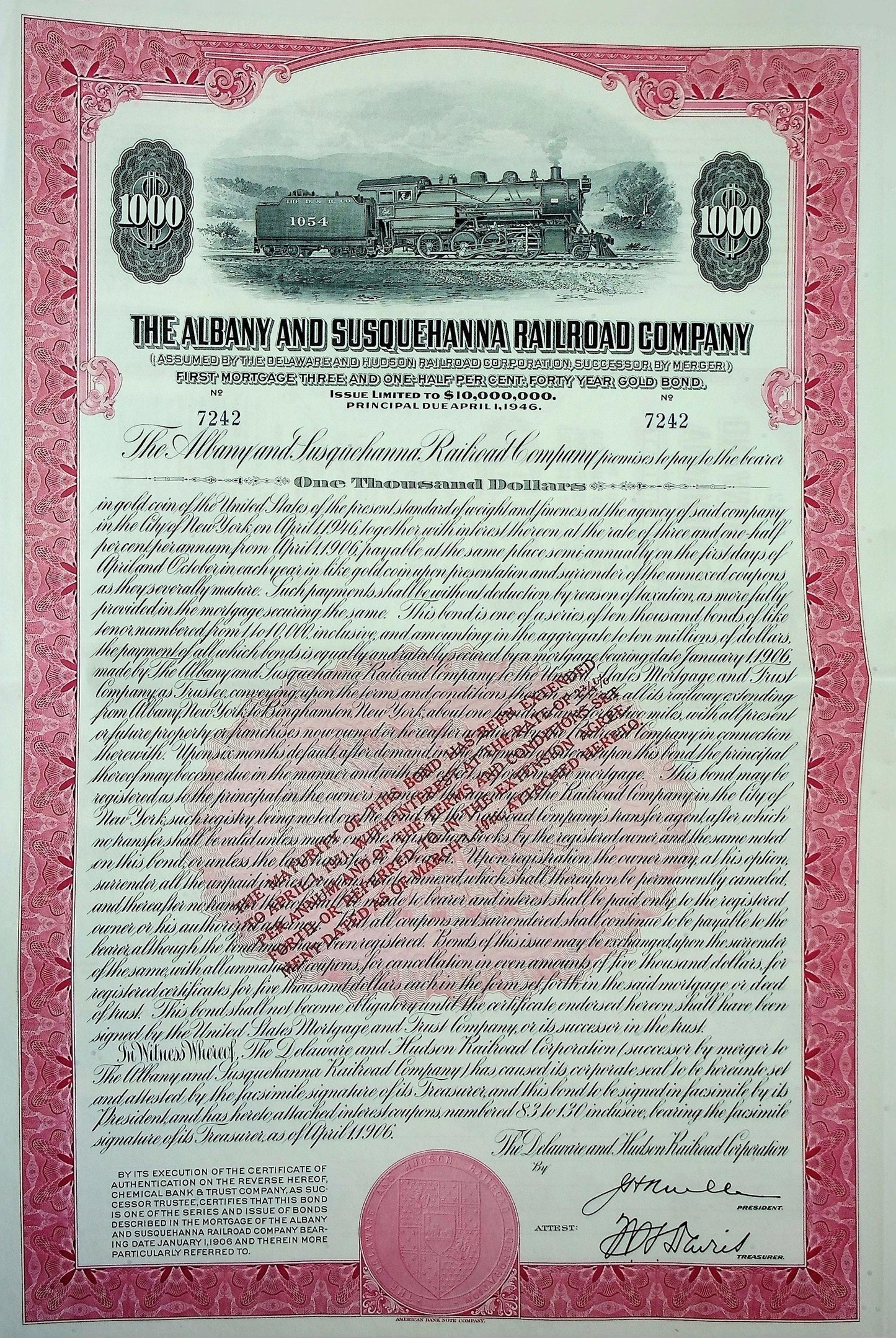1946 年奥尔巴尼和萨斯奎哈纳铁路公司债券及优惠券
