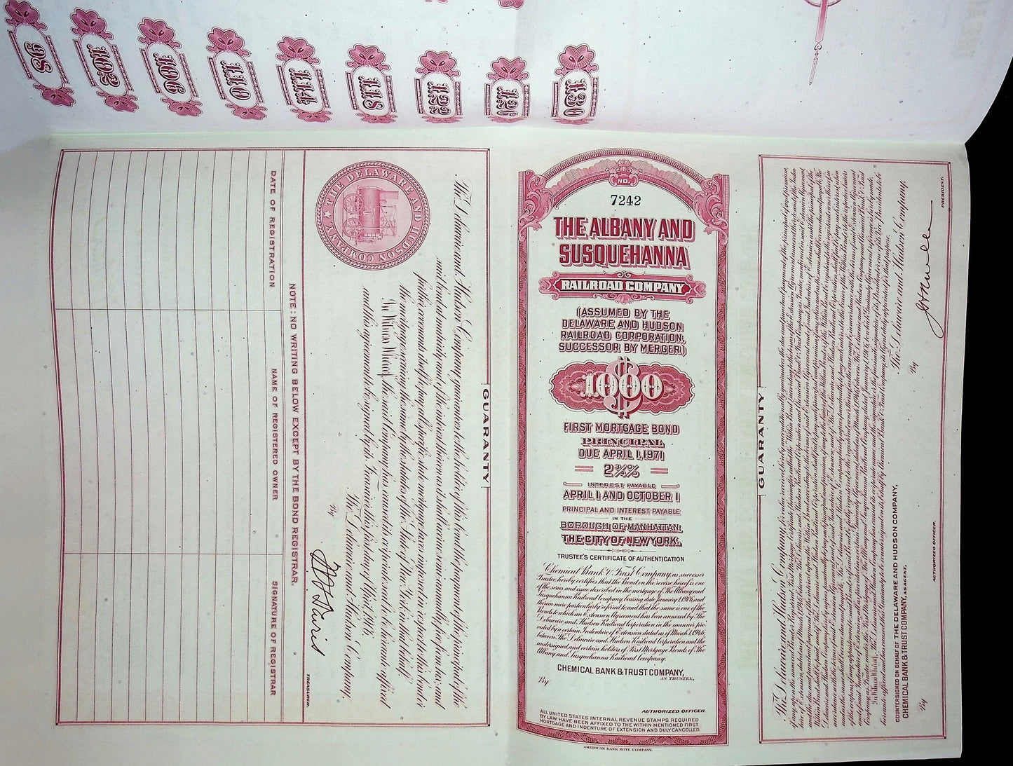 1946 年奥尔巴尼和萨斯奎哈纳铁路公司债券及优惠券
