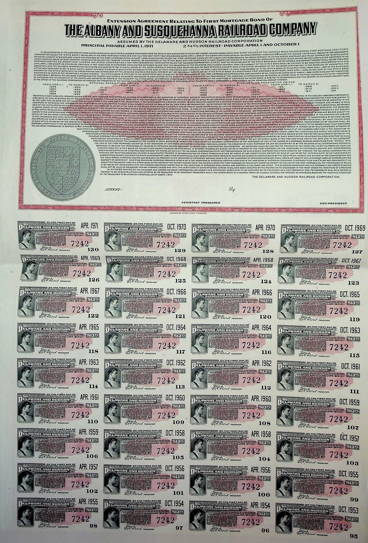 1946 年奥尔巴尼和萨斯奎哈纳铁路公司债券及优惠券