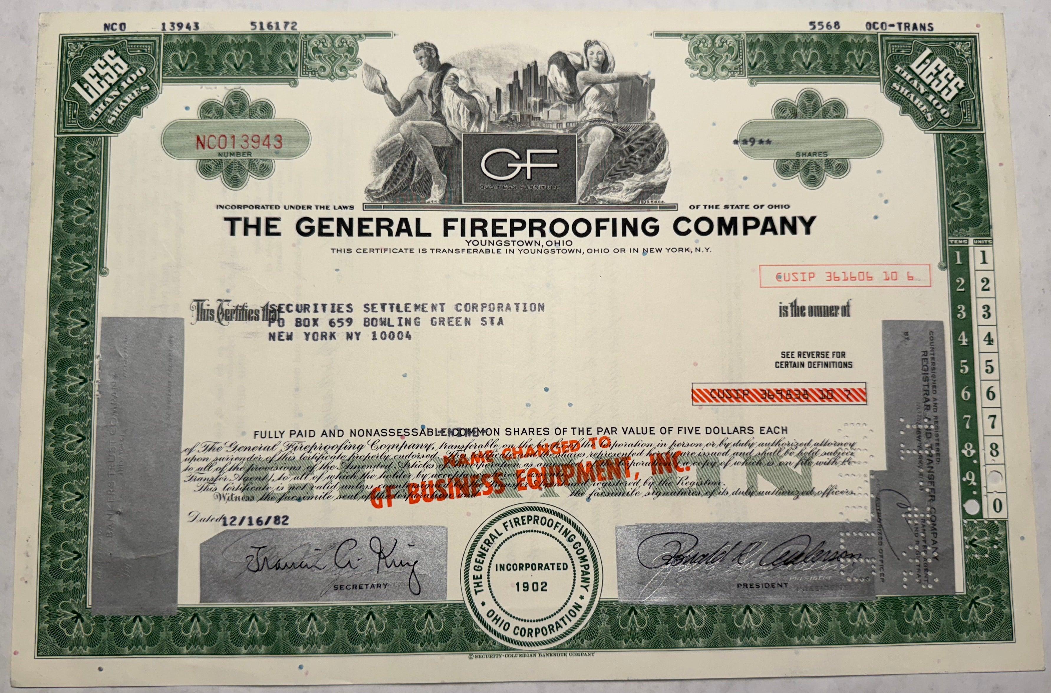 The General Fireproofing Company Stock Certificate Ticker History