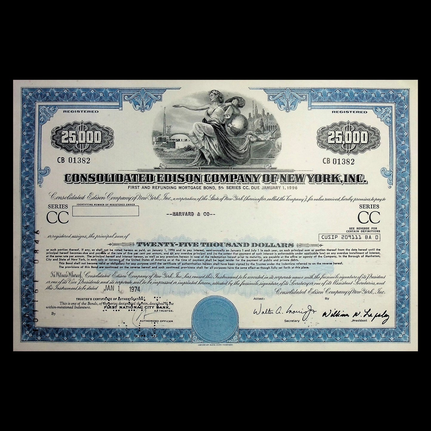 Consolidated Edison (ConEd) Company of New York $25,000 Bond Certificate from 1970s