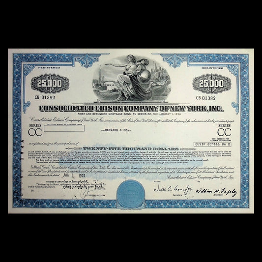 Consolidated Edison (ConEd) Company of New York $25,000 Bond Certificate from 1970s