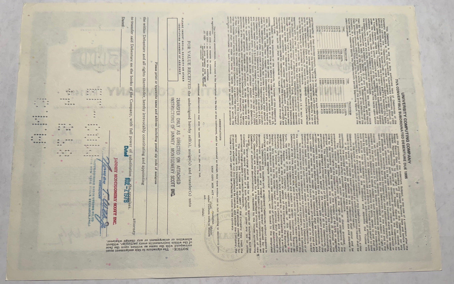 大学计算(现为剑桥系统)公司债券证书