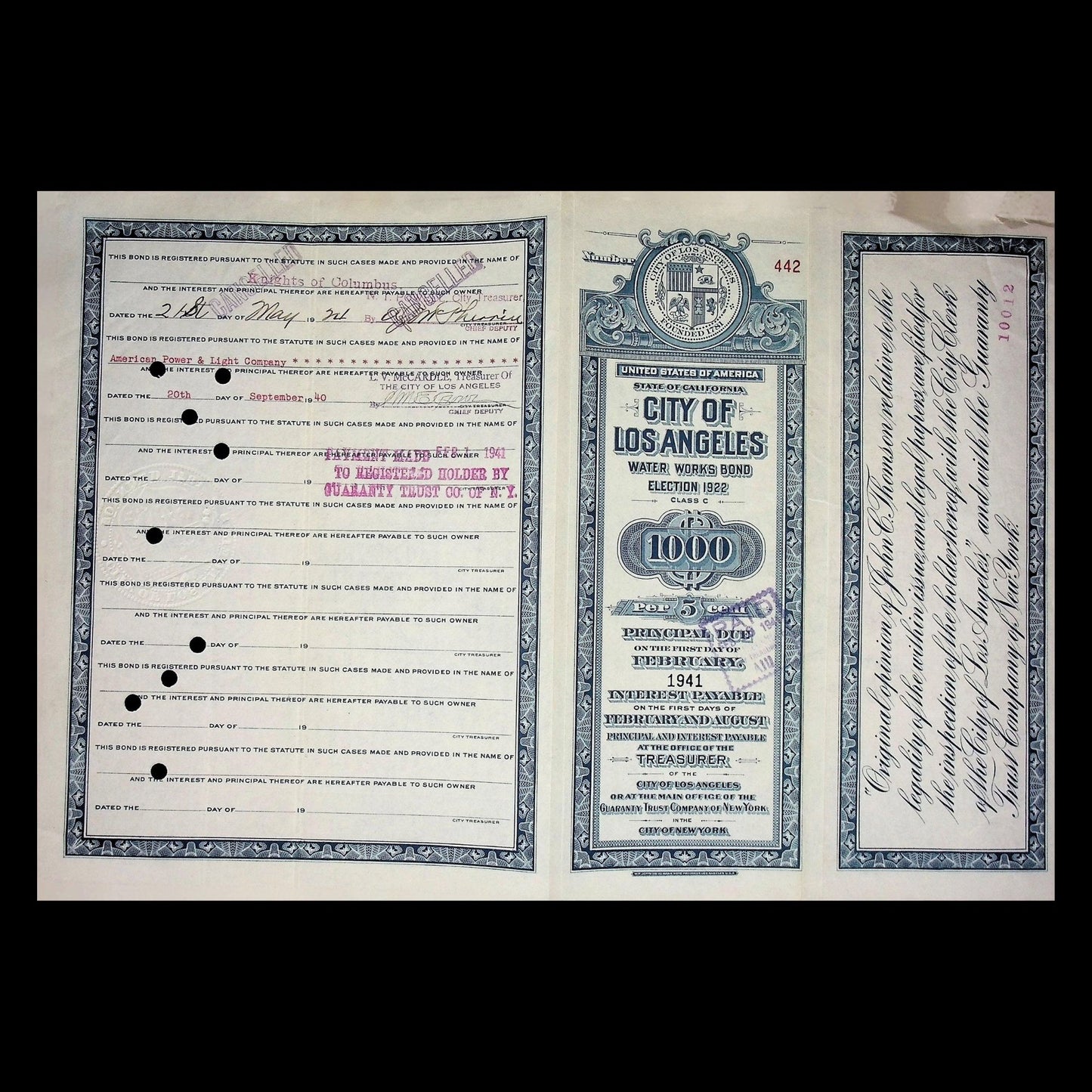 1941 年洛杉矶市市长乔治·E·克莱尔签署的洛杉矶市水务工程债券证书
