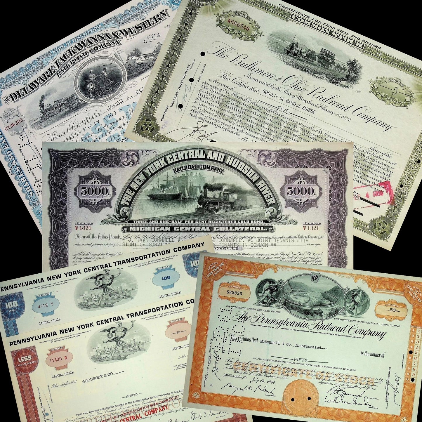 Railroad Stock & Bond Certificate Collectable Bundle Five Pack - 4x Stocks & 1x Bond
