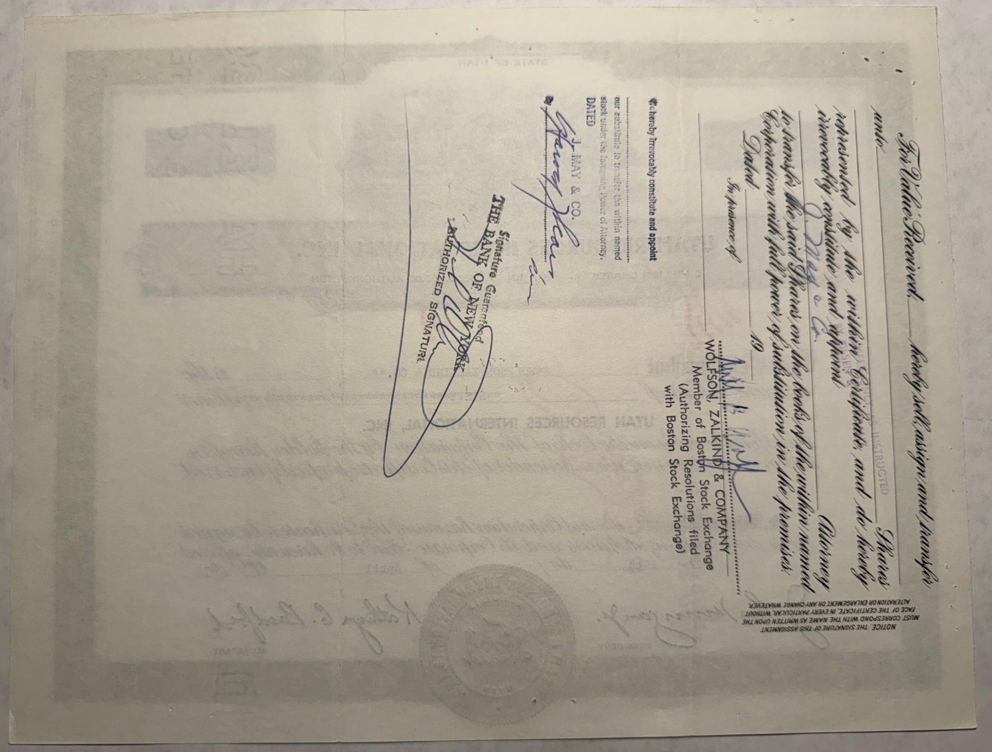 犹他资源国际公司股票证书