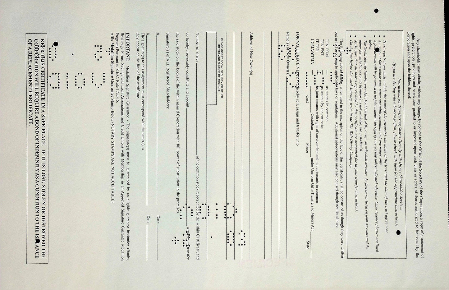 2003 年华特迪士尼股票证书(稀有样本)