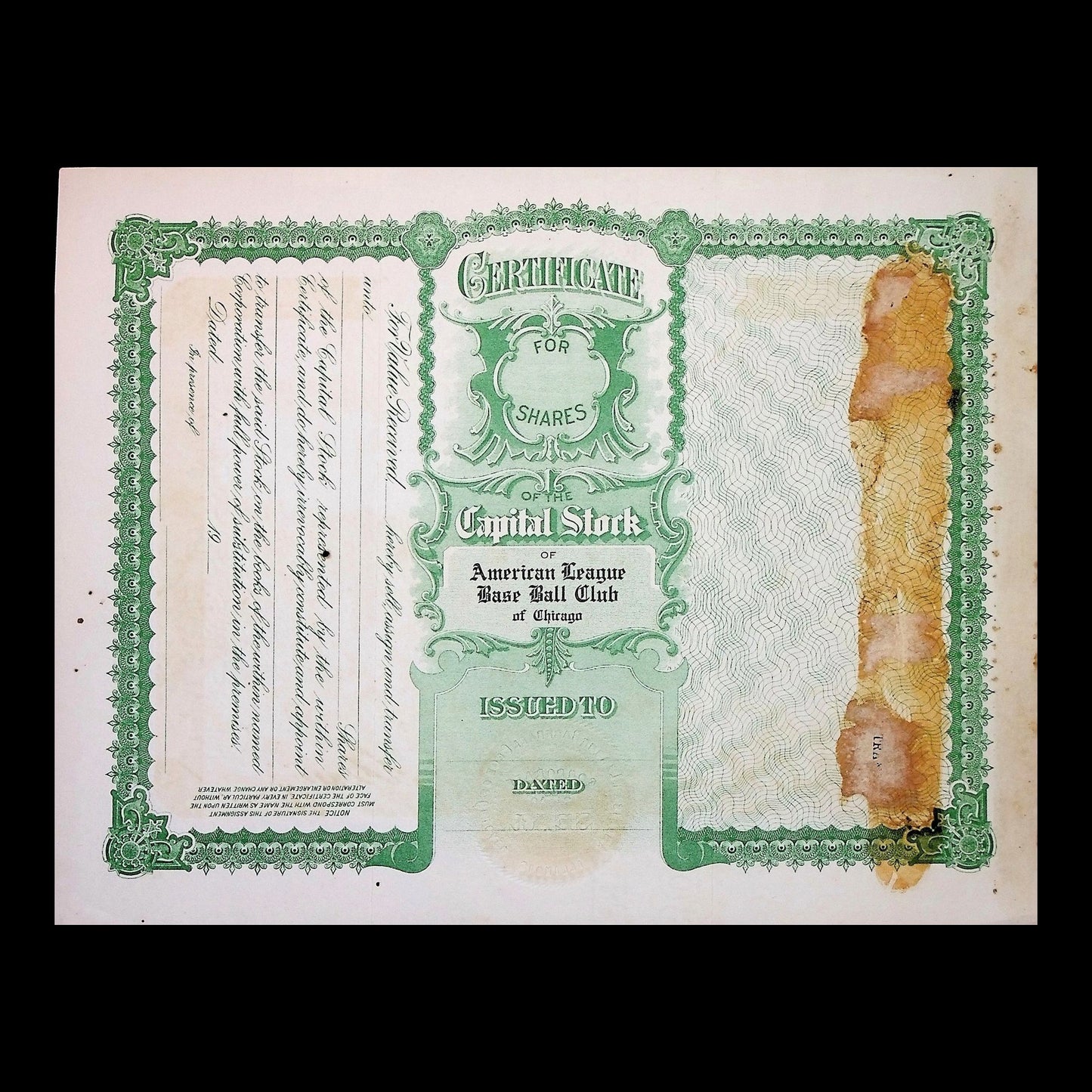 American League Base Ball Club Stock Certificate from 1961