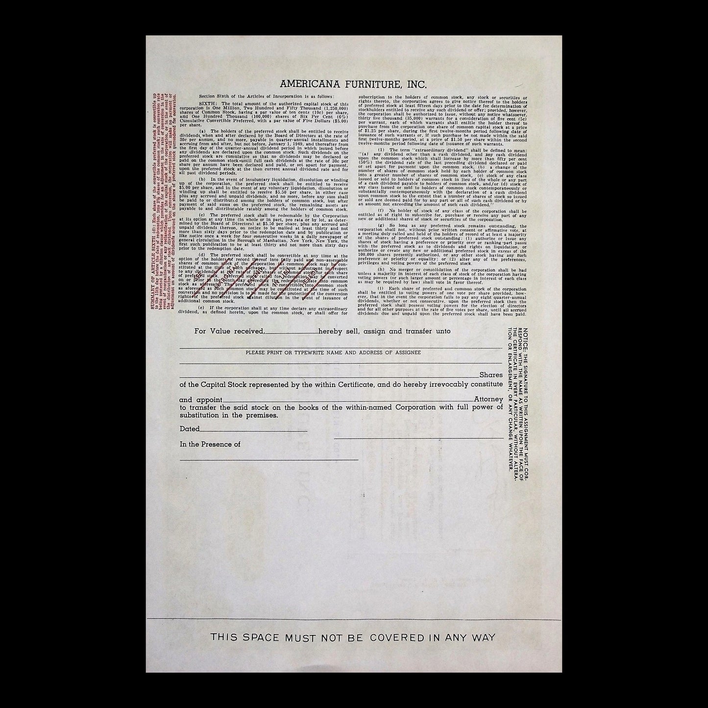 Americana Furniture, Inc. Stock Certificate from 1959