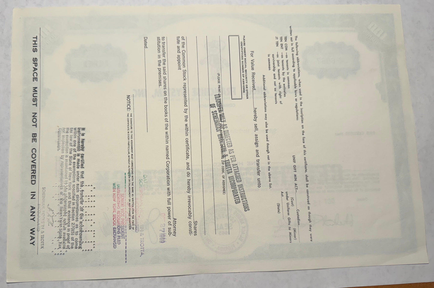 黑安格斯特许经营系统股票证书
