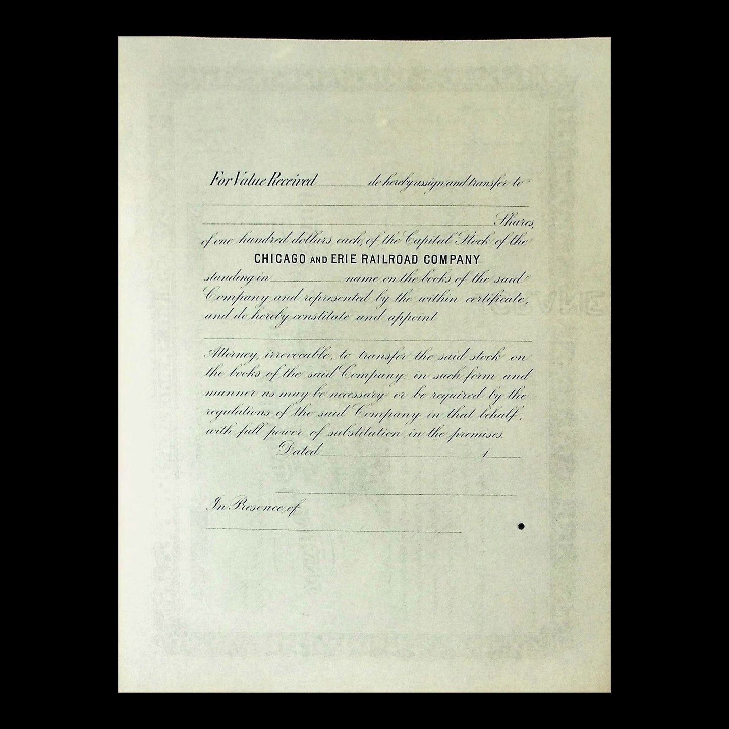 Chicago and Erie Railroad Company Stock Certificate Template