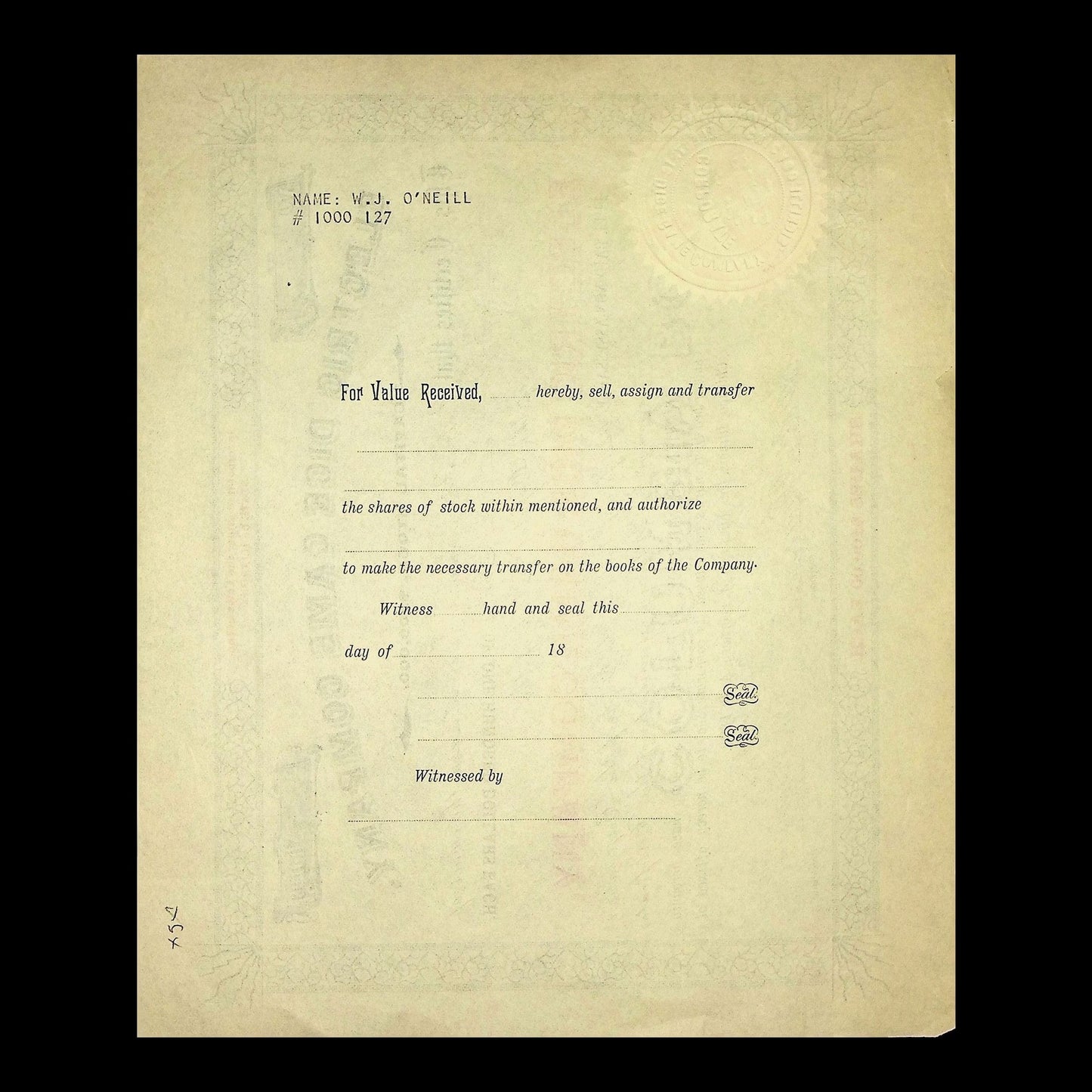 Electric Dice Game Company Stock Certificate from 1893