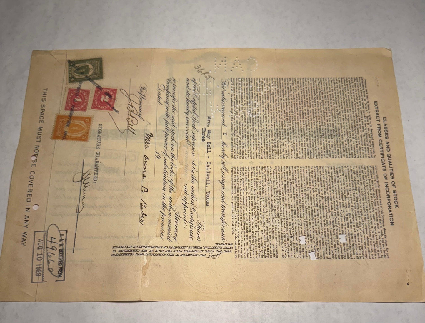 东德克萨斯电力公司股票证书 1929/1930 时代
