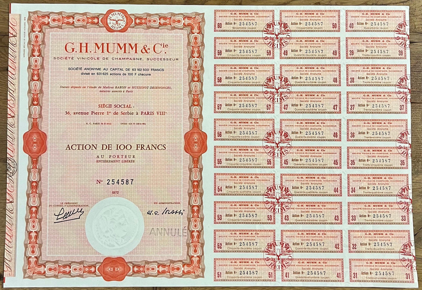 GH Mumm & Cie 法国股票证书(香槟公司)