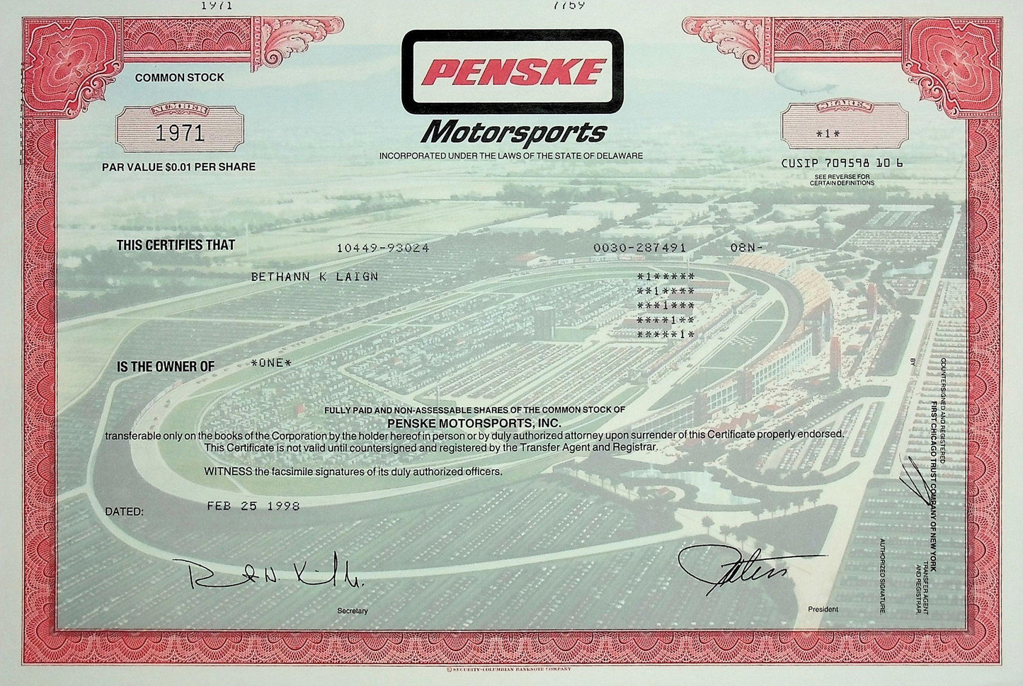 Penske Motorsports 股票证书 - 以赛道为特色