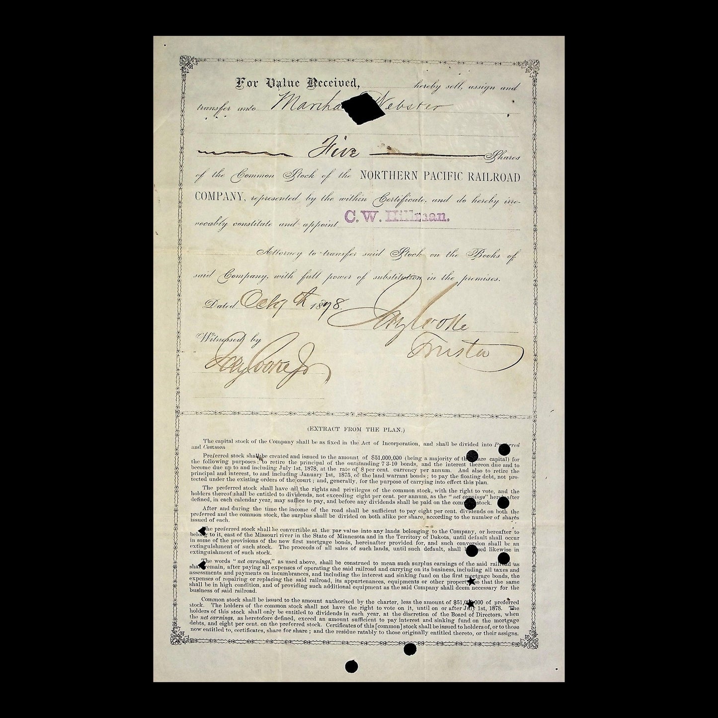Northern Pacific Railroad Company Stock Certificate Issued to & Signed by Jay Cooke from 1876