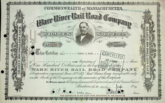 Ware River Rail Road Company Stock Certificate (Massachusetts) from 1940/50s