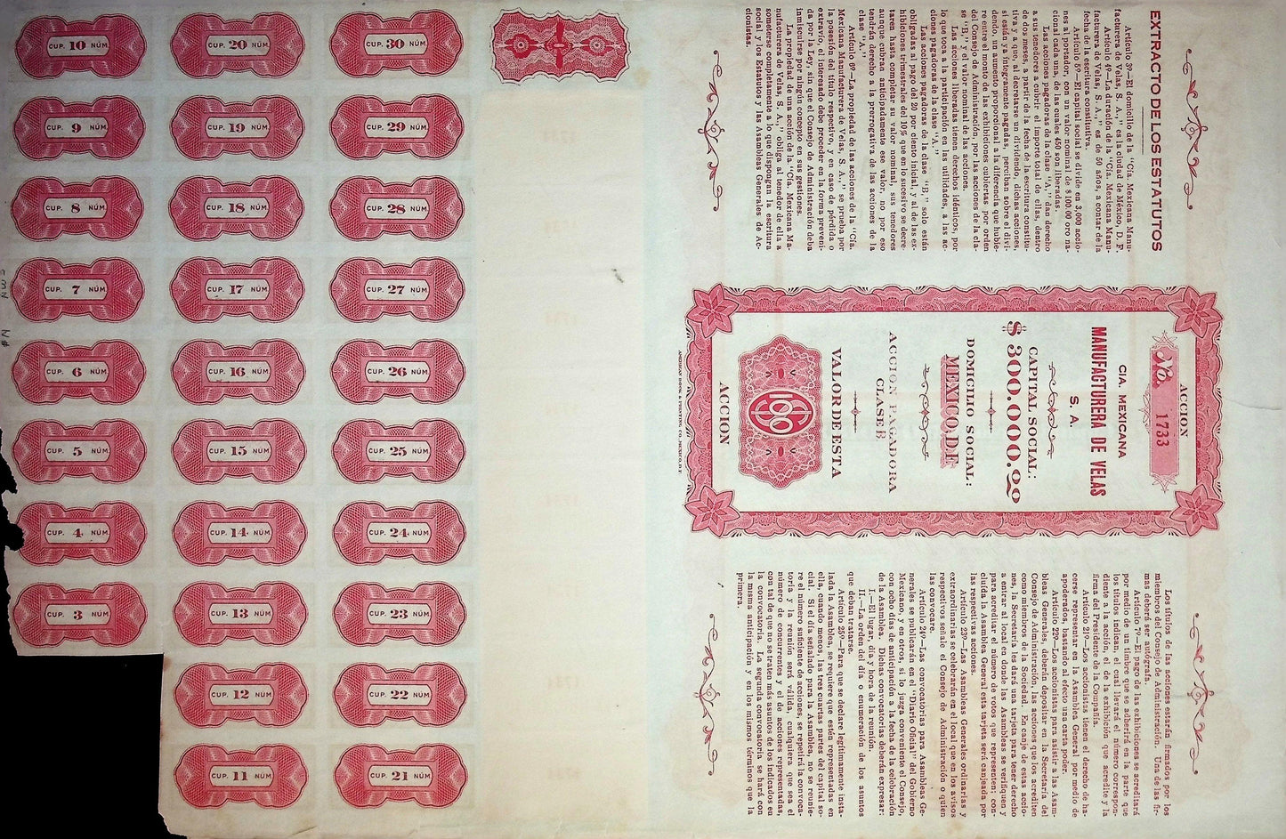 Cia Mexicana Manufacturinga De Velas, SA 带优惠券的债券证书(墨西哥蜡烛公司)