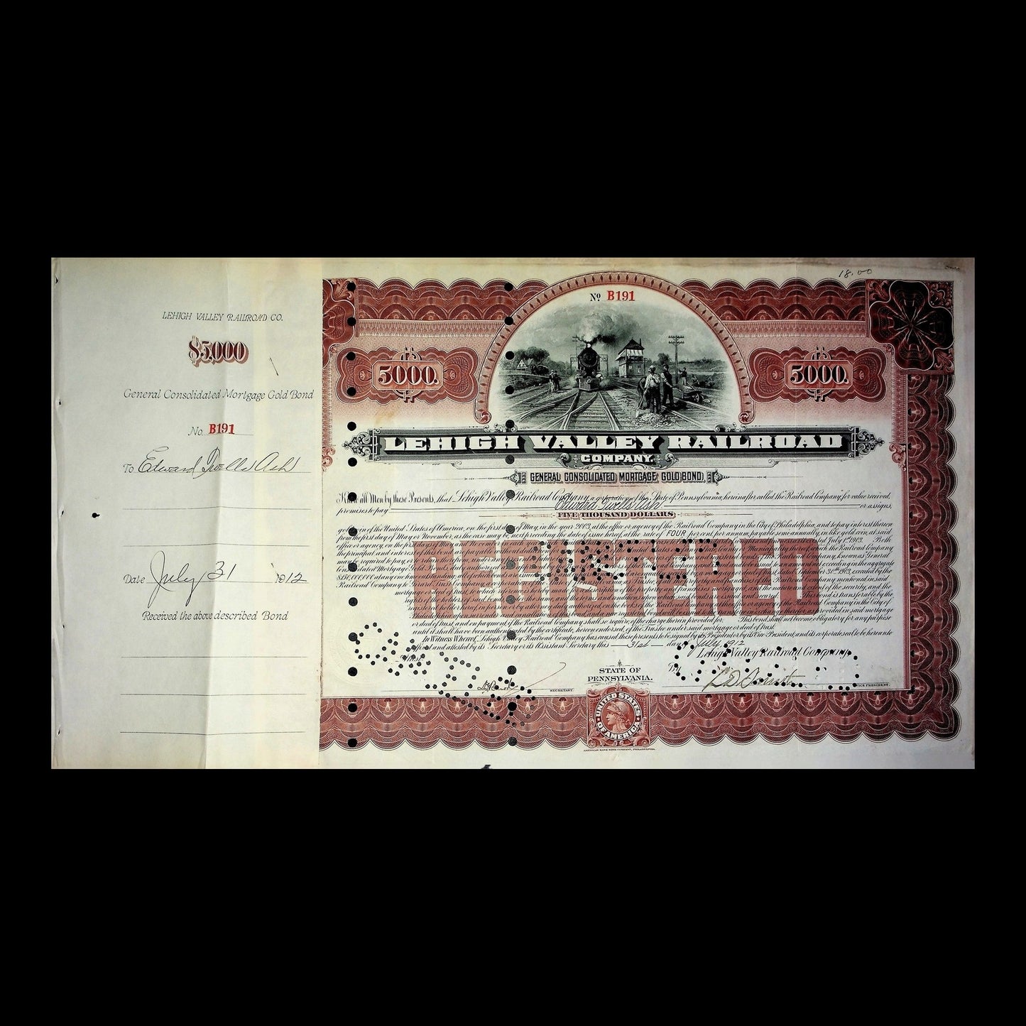 Lehigh Valley Railway (Route of the Black Diamond) Company Gold Bond Certificates from 1940s