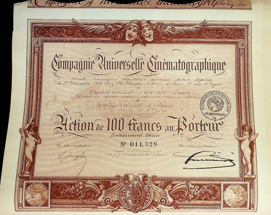 Compagnie Universelle Cinématographique 1910 Film Bond Certificate from France (King Kong, The Three Musketeers)