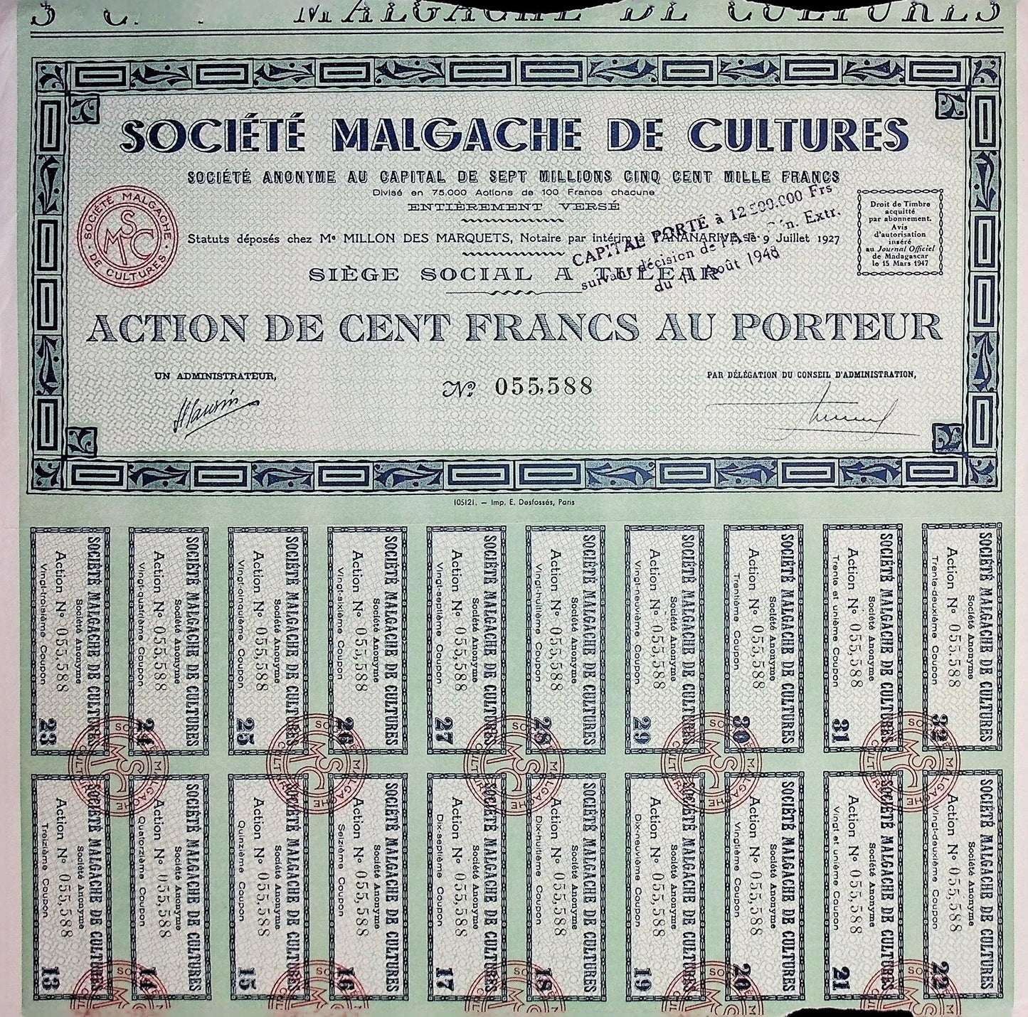 Société Malgache de Cultures - 法属马达加斯加股票证书
