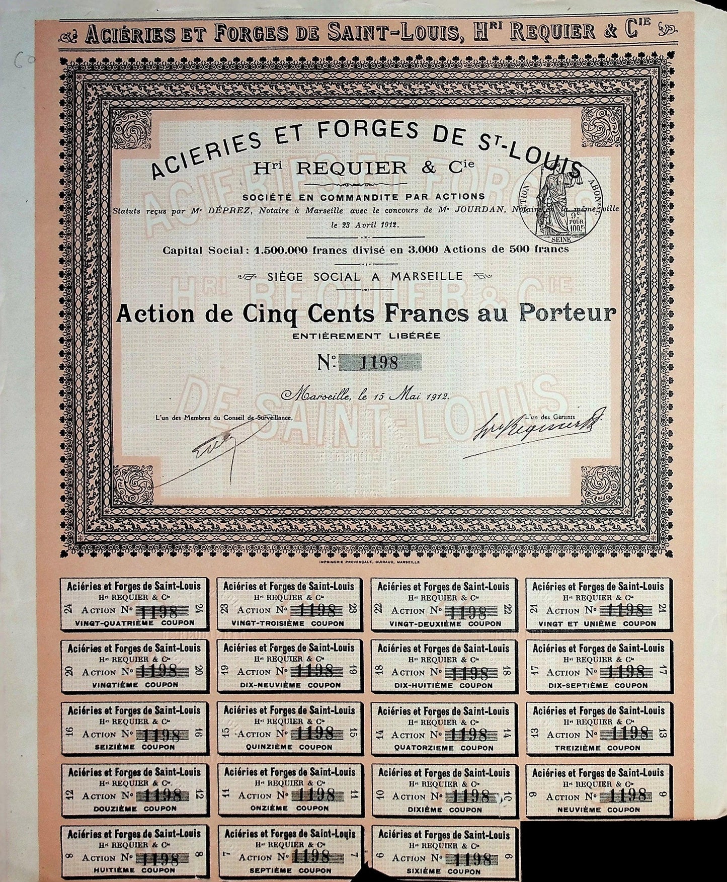 Aciéries et Forges de Saint-Louis 债券证书(法国马赛)1912 年
