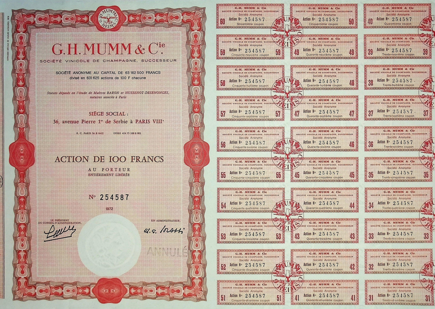 GH Mumm & Cie 法国股票证书(香槟公司)