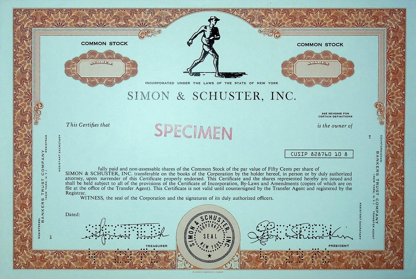 Simon & Schuster, Inc. 股票证书样本