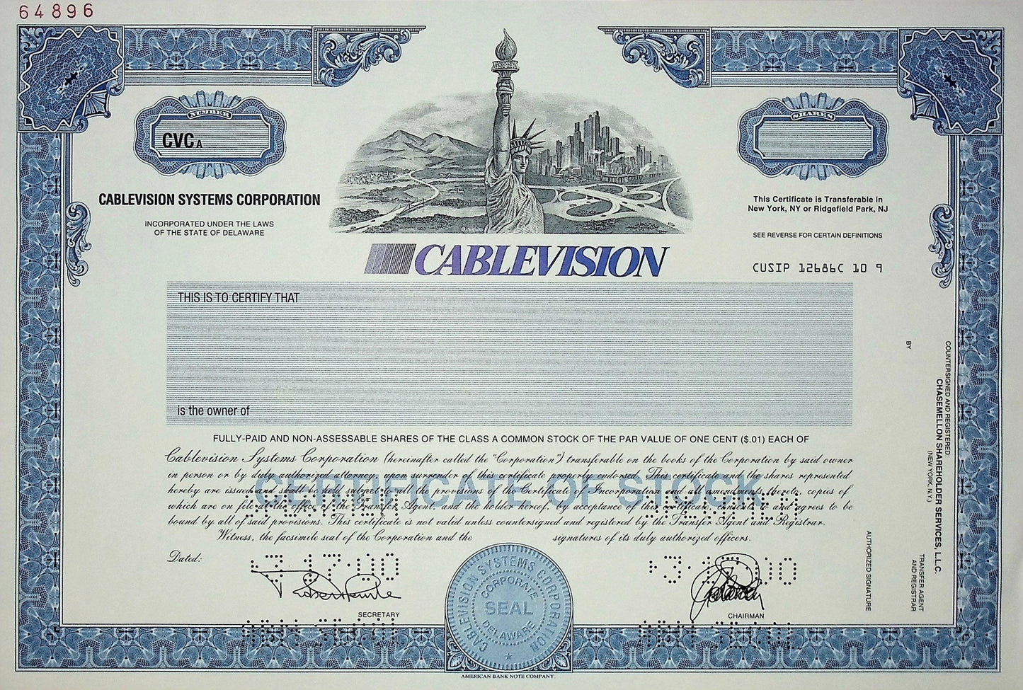 Cablevision(纽约地区)样本股票证书