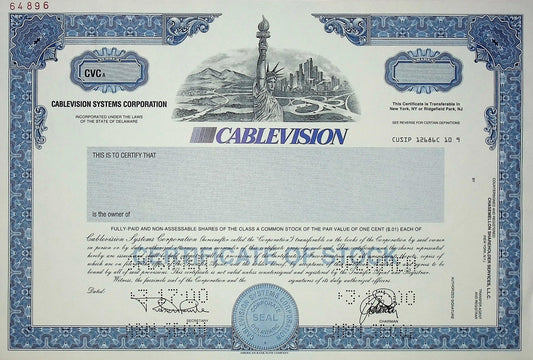 Cablevision (NY area) Specimen Stock Certificate