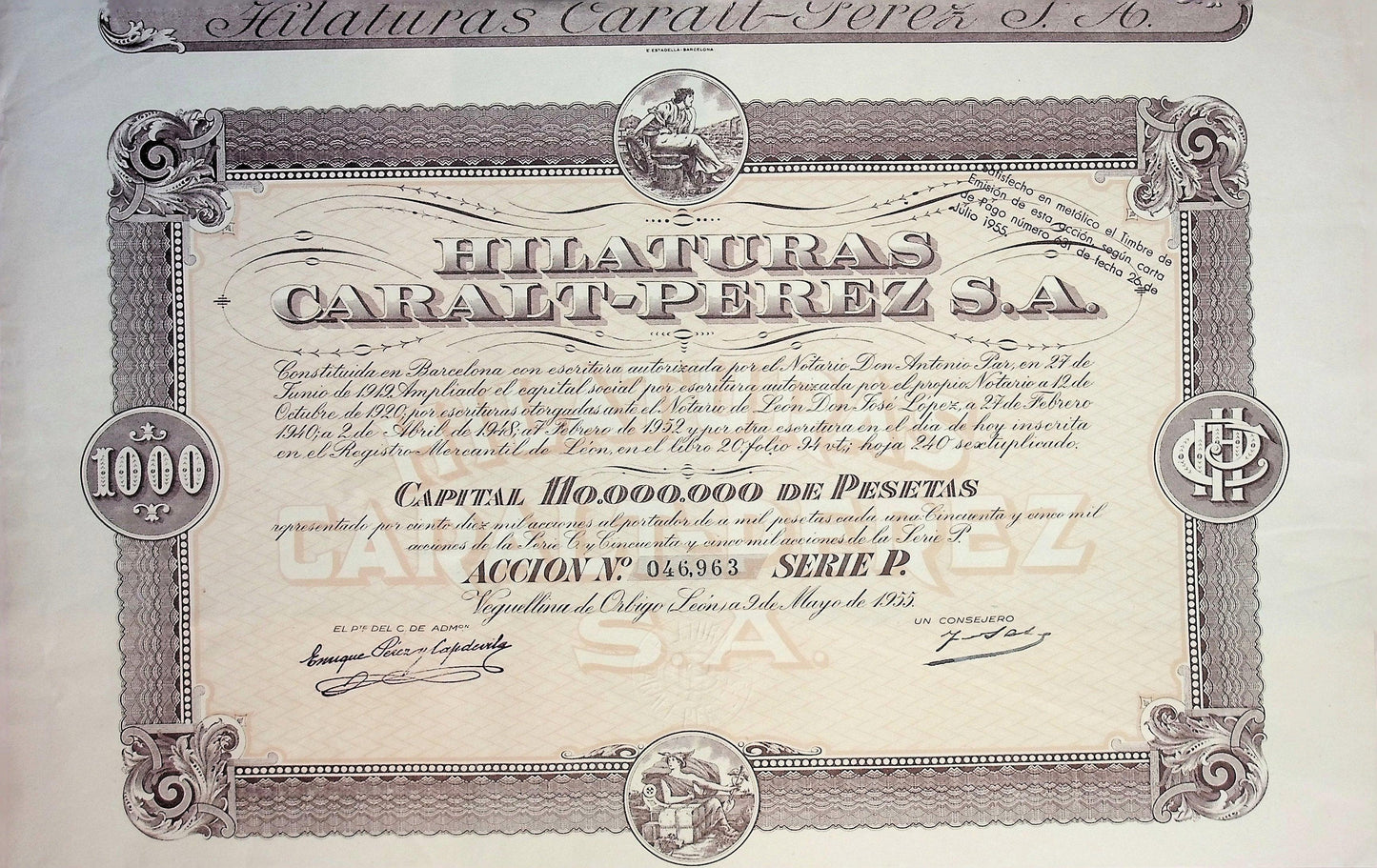 Hilaturas Caralt-Perez 债券证书(西班牙纺织公司)