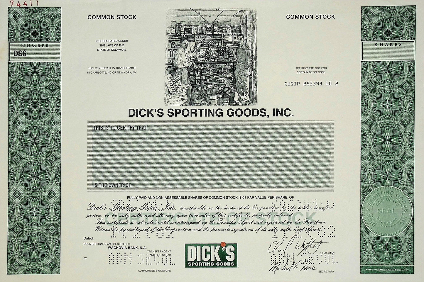 Dicks 体育用品股票证书(罕见)