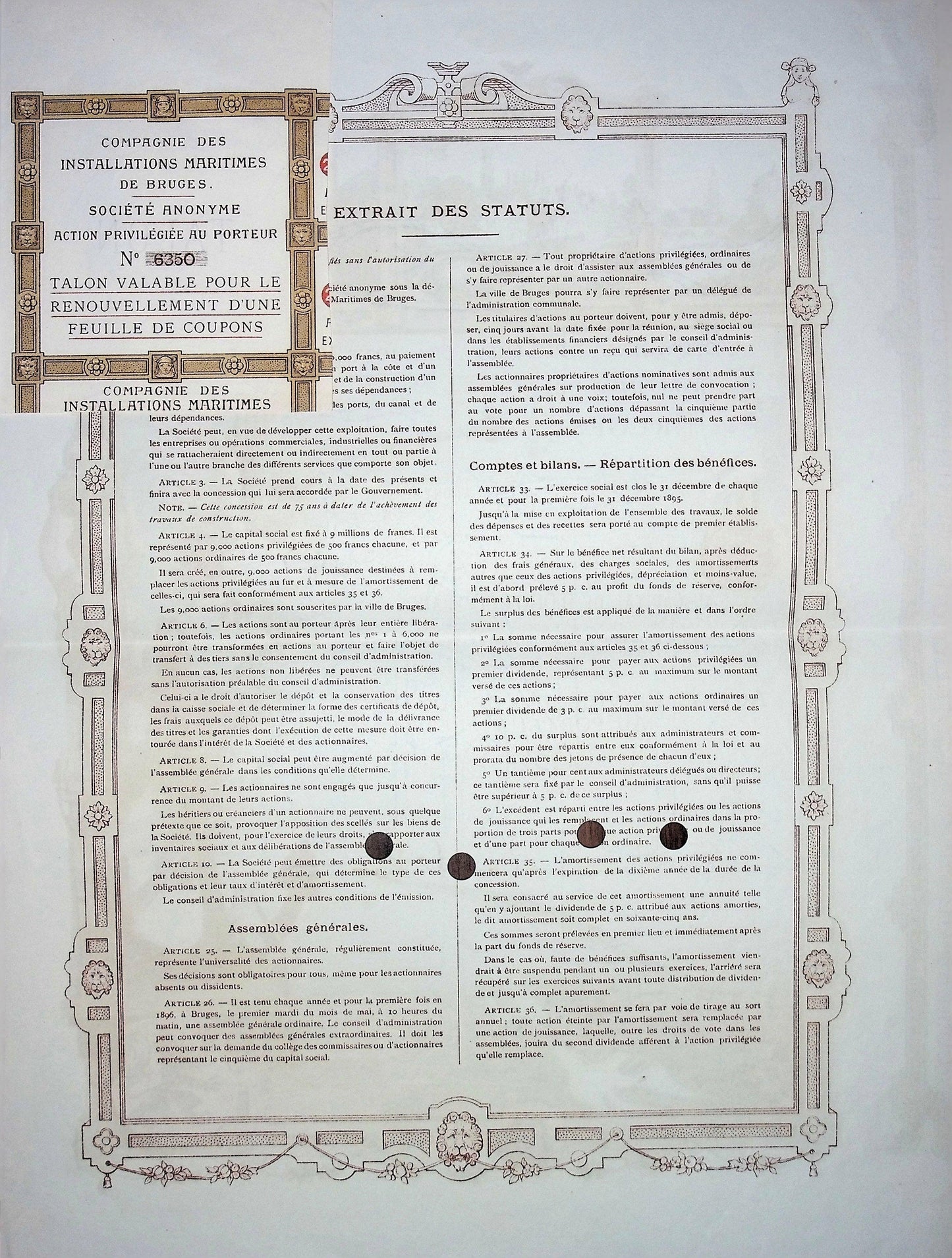 Compagnie de Installations Maritime de Bruges 库存证书(比利时泽布吕赫港)