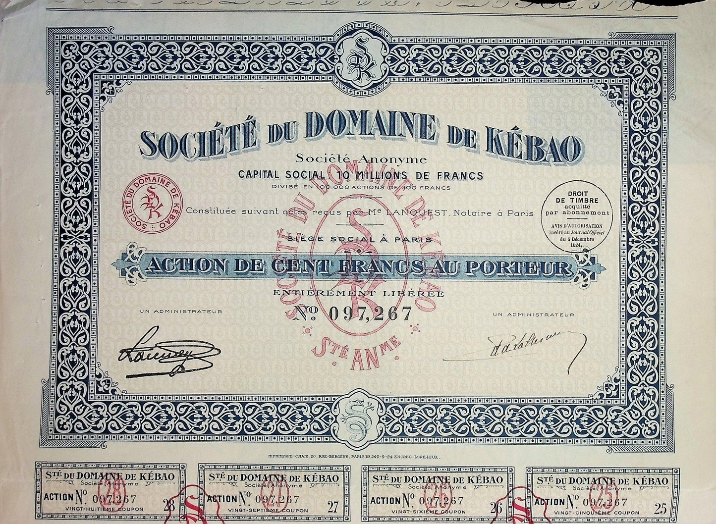 Societe Du Domain De Kebao(法国/越南煤炭开采)债券证书
