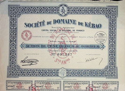 Societe Du Domain De Kebao (French/ Vietnam Coal Mining) Bond Certificate