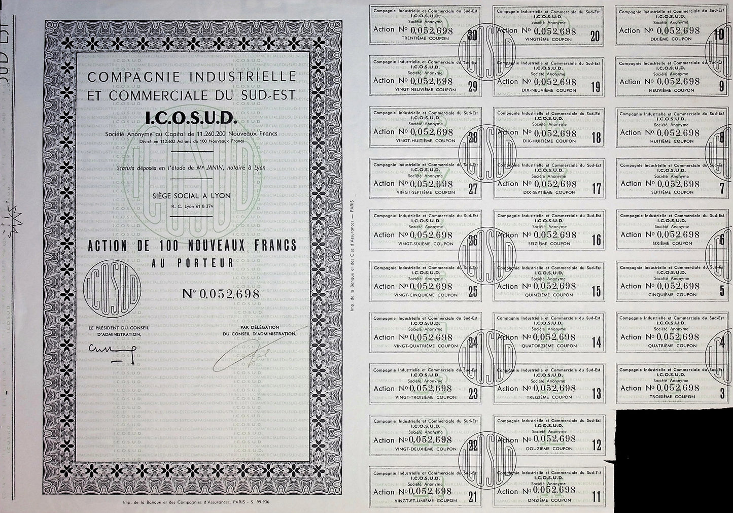 Compagnie Industrielle et Commerciale du Sud-Est (ICOSUD) 债券证书