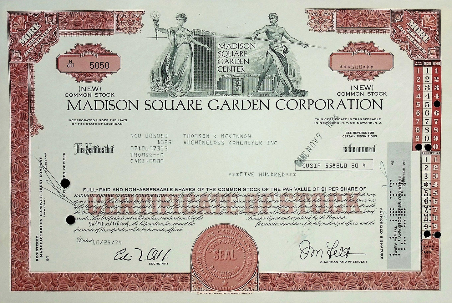 Madison Square Garden (MSG) Corporation Stock Certificate 1970s - Multiple Colors