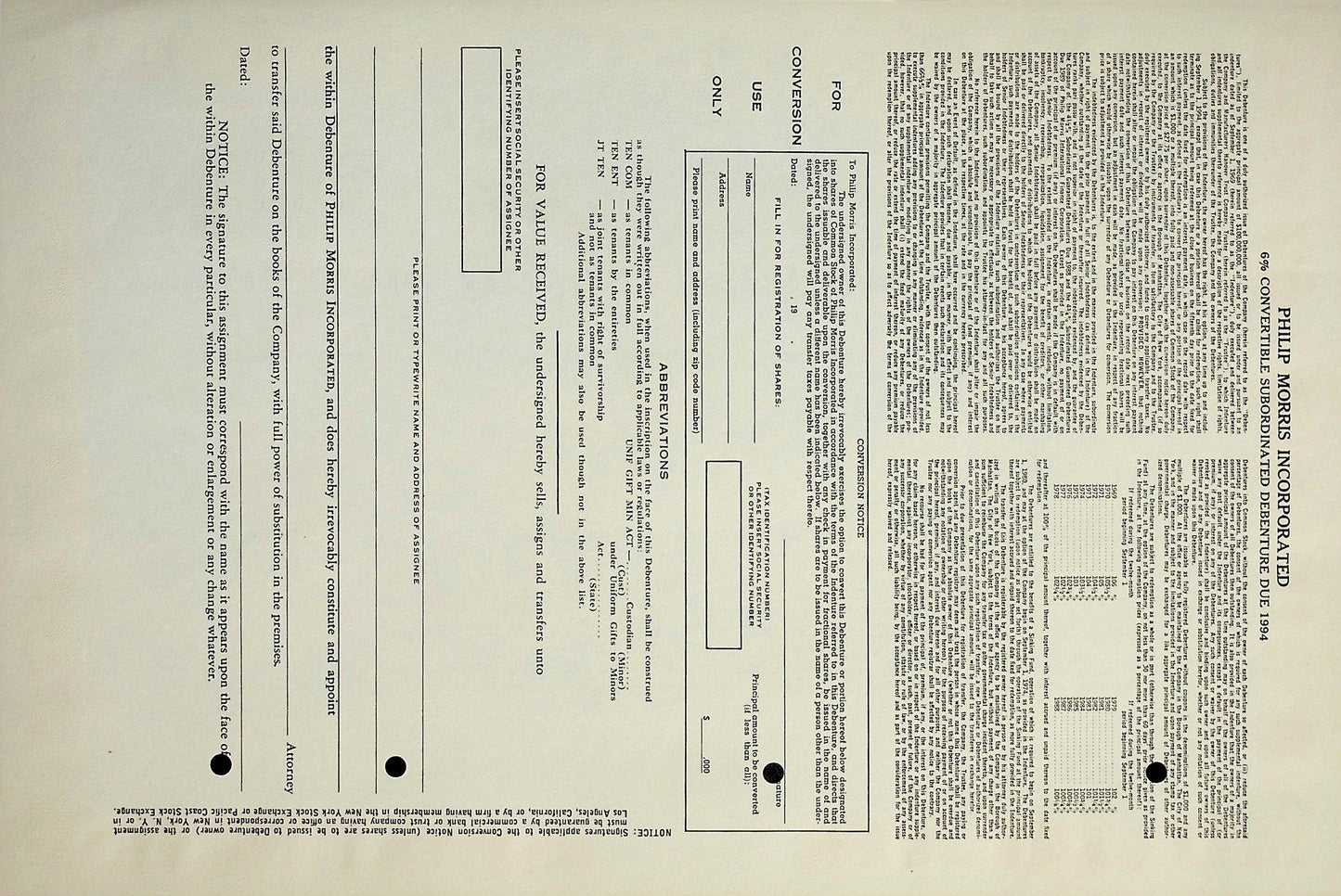 菲利普莫里斯公司 10,000 美元债券证书样本