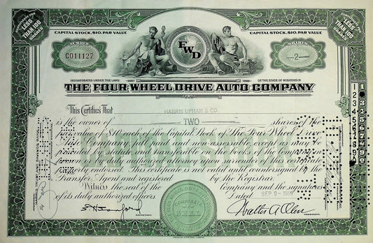 The Four Wheel Drive Auto Company Stock Certificate from 1950s